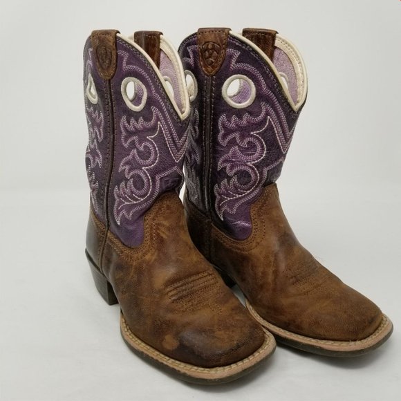 Ariat Kid's Brown Purple Leather Square Toe Mid-Calf Western Boots Size US 10 - Picture 4 of 12